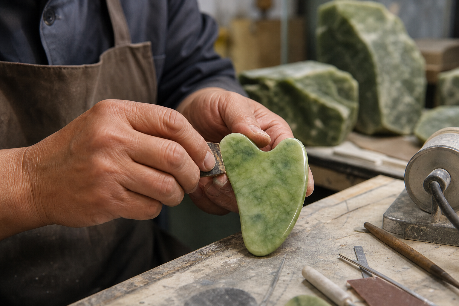 Artesano tallando y puliendo una Gua Sha de jade