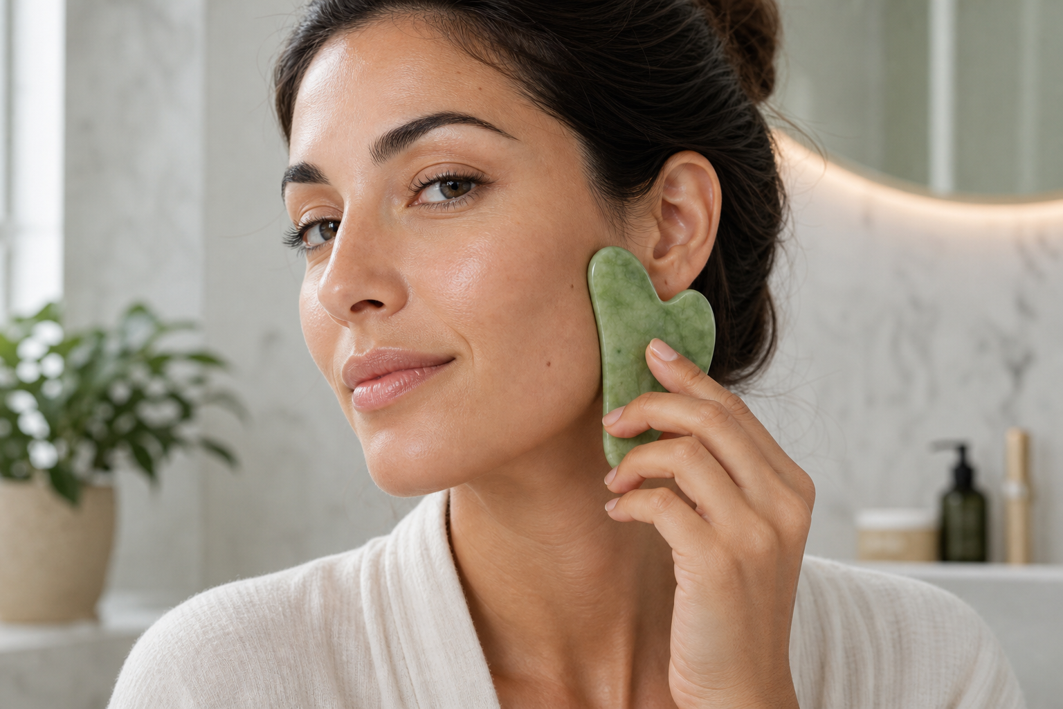 Mujer usando la Gua Sha de jade en el rostro