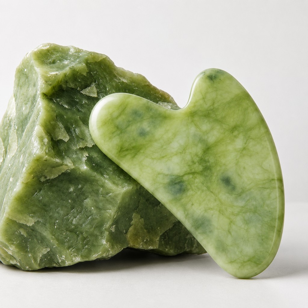 Gua Sha junto a la piedra de jade en bruto