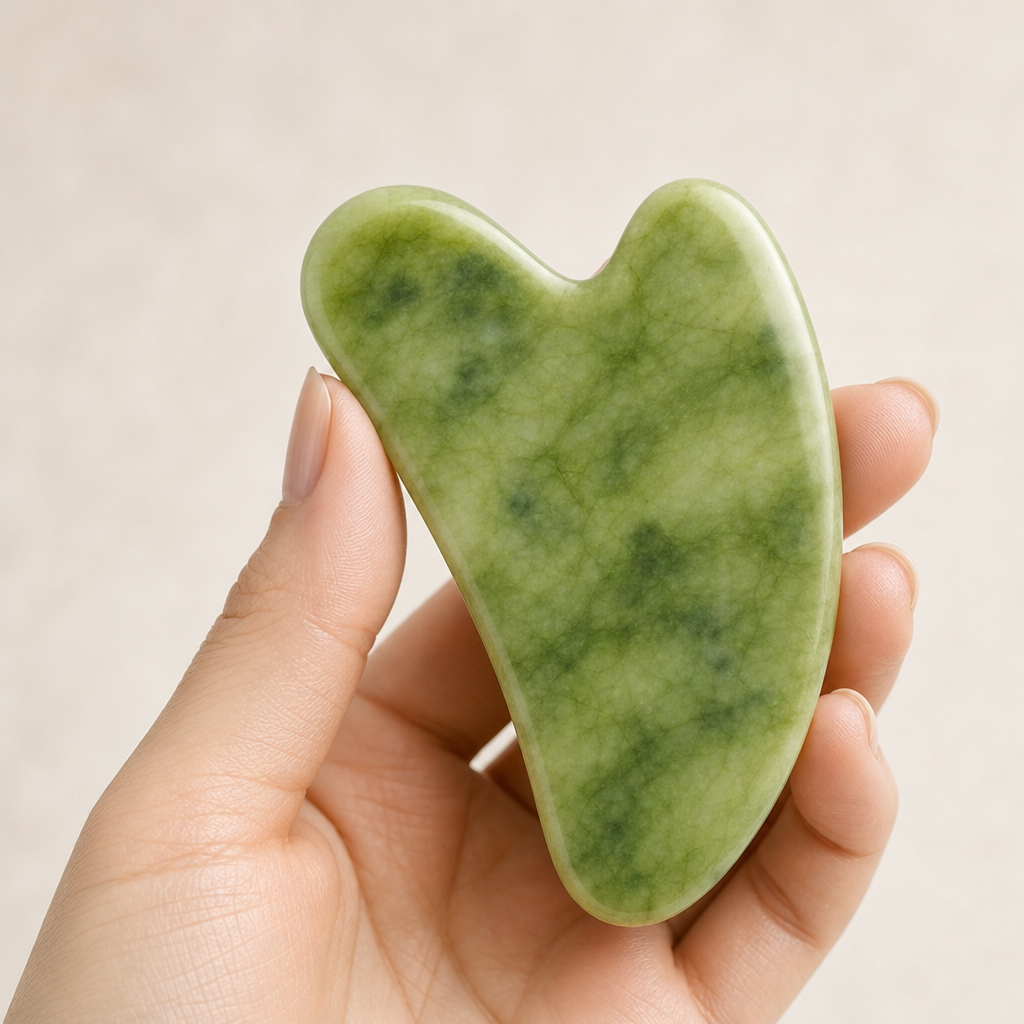 Gua Sha de jade sostenida en la mano